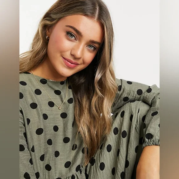 ASOS DESIGN long sleeve maxi smock dress in sage polka dot US  4 - Picture 3 of 8